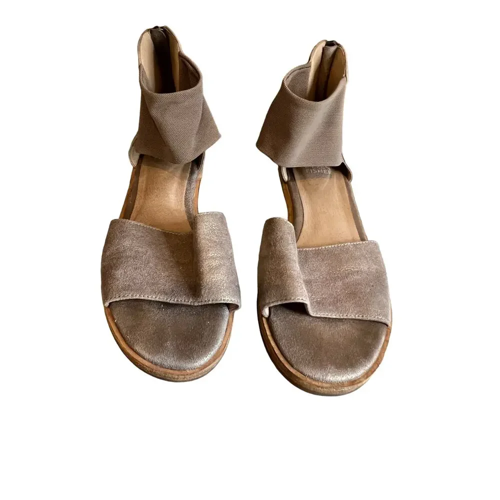 Eileen Fisher Metallic Taupe Flat Ankle Strap Sandals 7